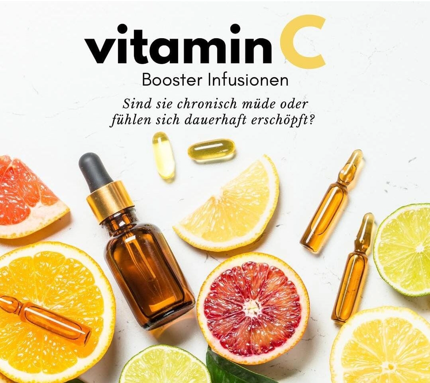 Frauenärztliche Praxis – Fachärztin für Frauenheilkunde und Geburtshilfe – Werbung für Vitamin-C-Booster-Infusionen mit Zitrusfrüchten, bernsteinfarbener Tropfflasche, Kapseln und Ampullen auf einer weißen Oberfläche