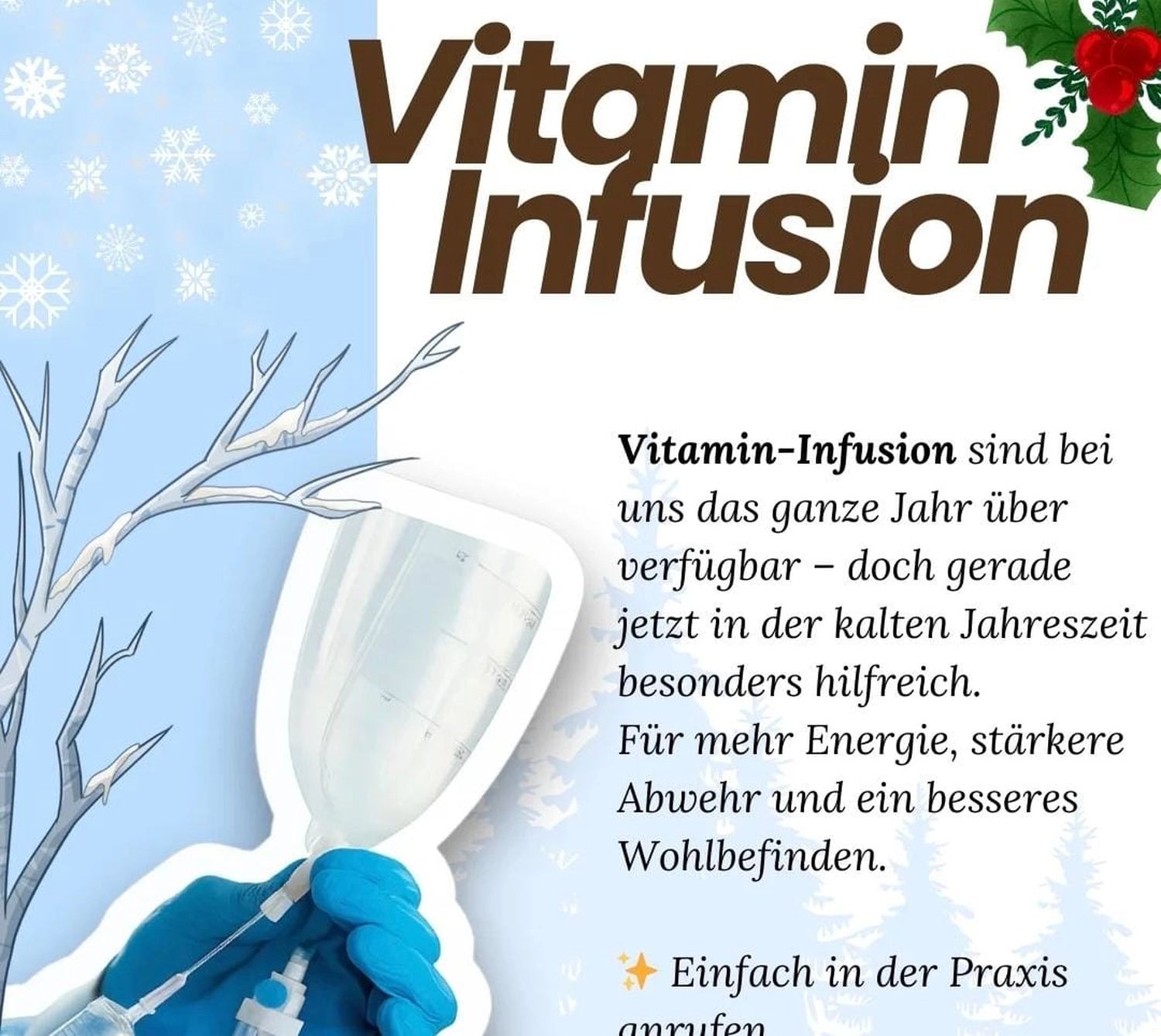 Frauenärztliche Praxis - Fachärztin für Frauenheilkunde und Geburtshilfe - Behandschuhte Hand mit einem Vitamin-Infusionstropfen mit winterlicher Illustration im Hintergrund und deutschem Text über Vitamin-Infusionen