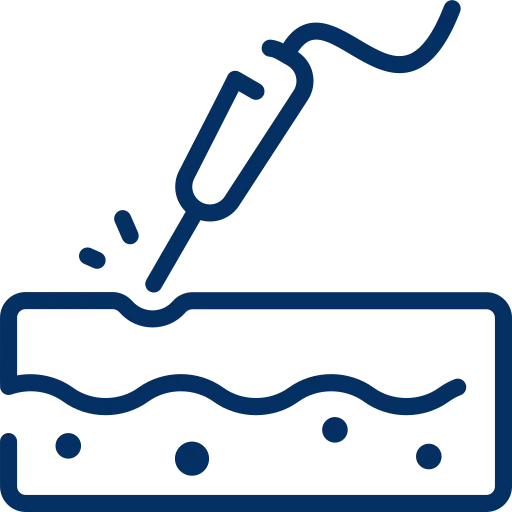 Icon of a person wearing protective glasses receiving a laser treatment on the face, with sparkles indicating cleanliness.