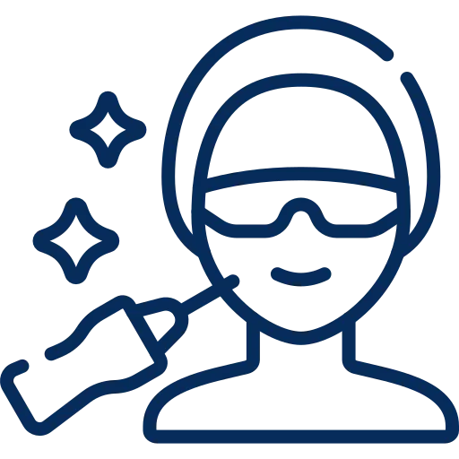 Frauenärztliche Praxis - Fachärztin für Frauenheilkunde und Geburtshilfe - Illustration einer Person mit Schutzbrille, die sich einer Laser-Hautbehandlung im Gesicht unterzieht