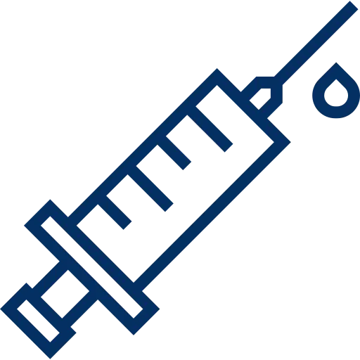 Simple line icon of a syringe with a drop at the needle tip.
